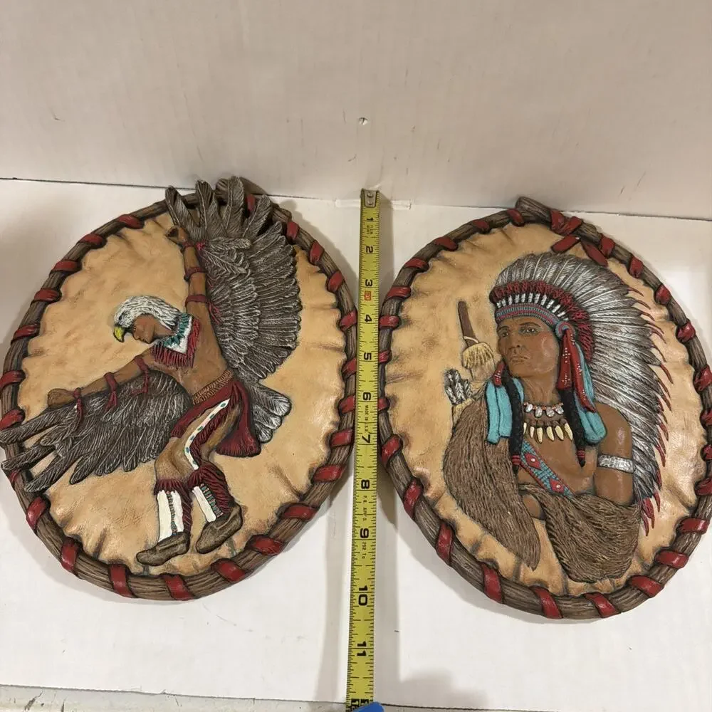 Vintage Ceramic Wall Decor Plaques Native American Handmade & Painted